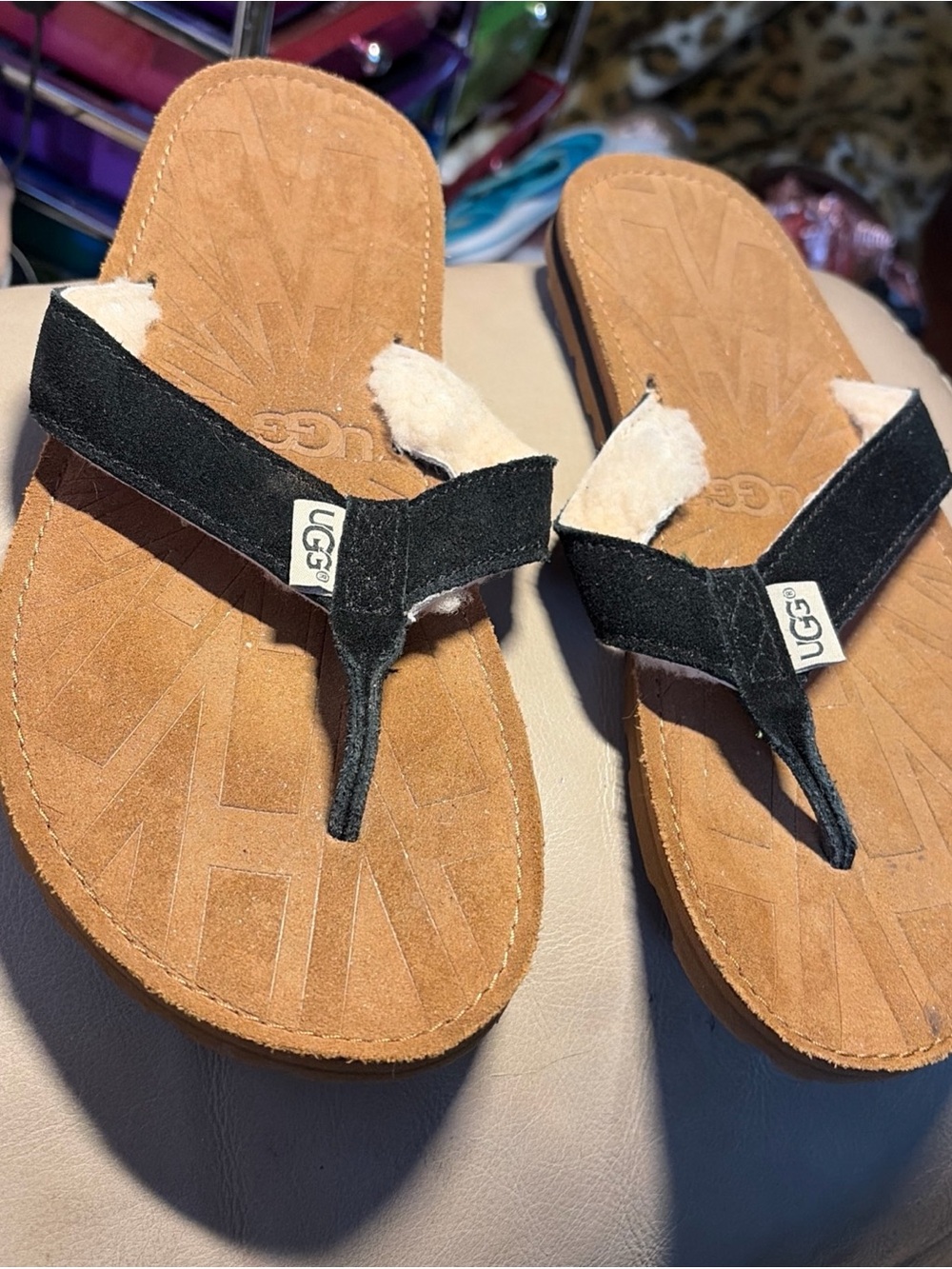 UGG Australia Sheepskin Lined Suede Men’s Flip Flop Sandals - Black & Chestnut